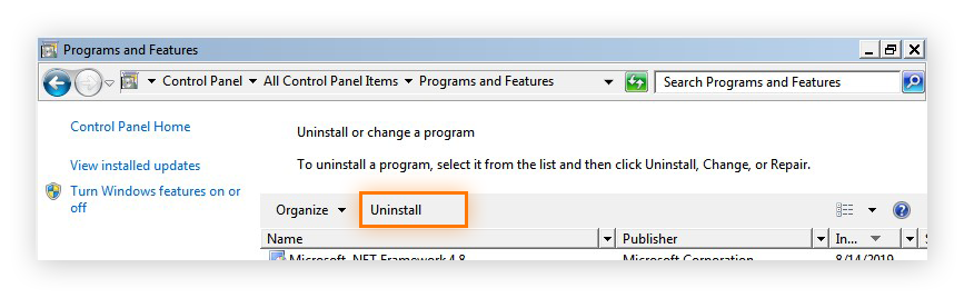 Uninstalling a program in the Programs and Features section of the Control Panel in Windows 7