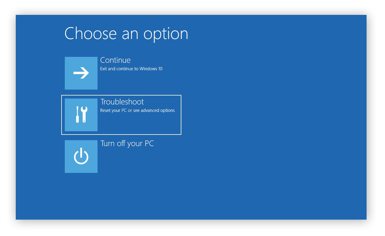 Choosing to Troubleshoot a computer while rebooting in Windows 10