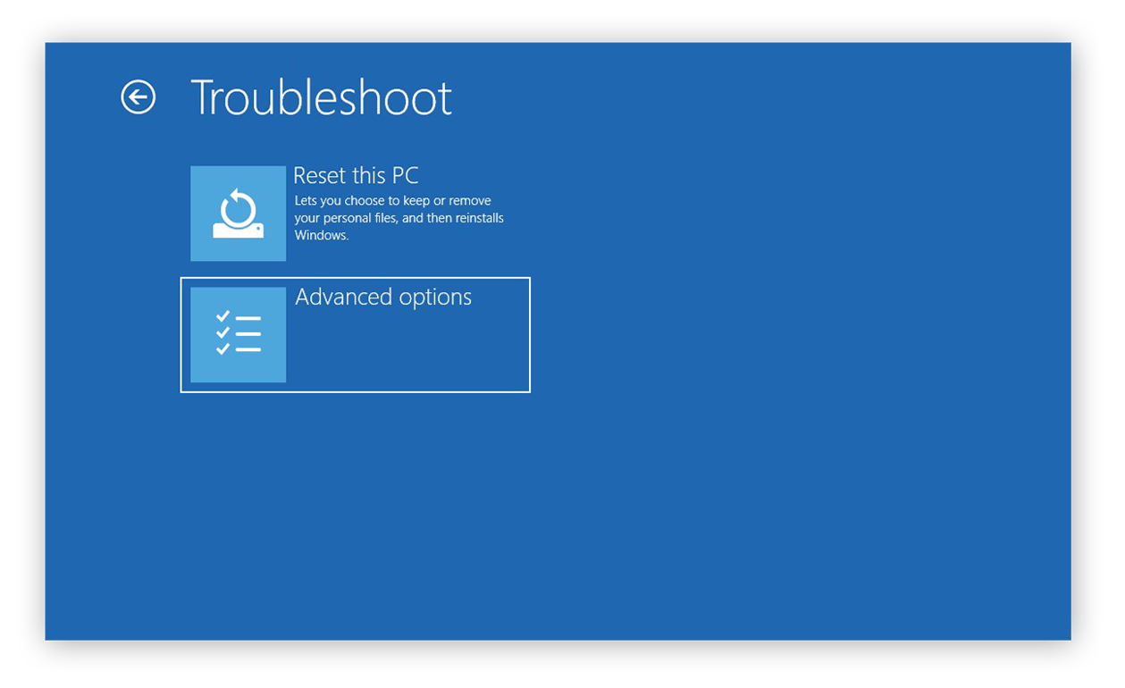 Auswählen der erweiterten Optionen aus dem Menü „Problembehandlung“ in Windows 10