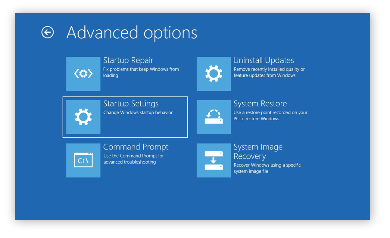 Choosing to configure the startup settings from within the advanced boot options for Windows 10
