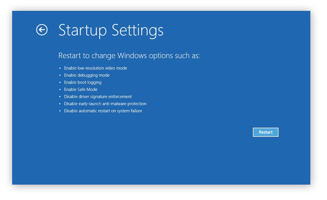 Choosing to restart and change startup settings in Windows 10