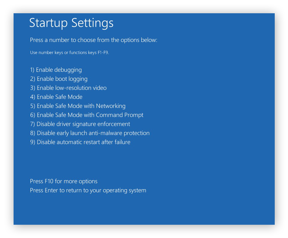 The advanced Startup Settings from within the Troubleshoot menu in Windows 10