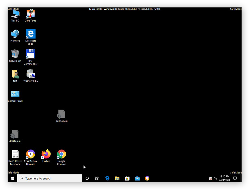 The desktop of a computer using Windows 10 in Safe Mode, with the phrase "Safe Mode" visible in each corner of the screen