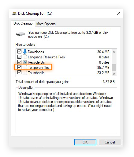 Choosing to delete Temporary Files and other types of files within the Disk Cleanup app in Windows 10