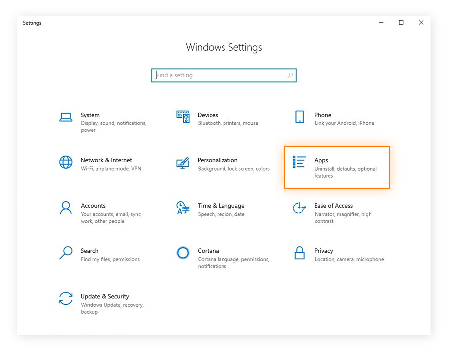 Opening Apps settings from within the Windows Settings menu in Windows 10