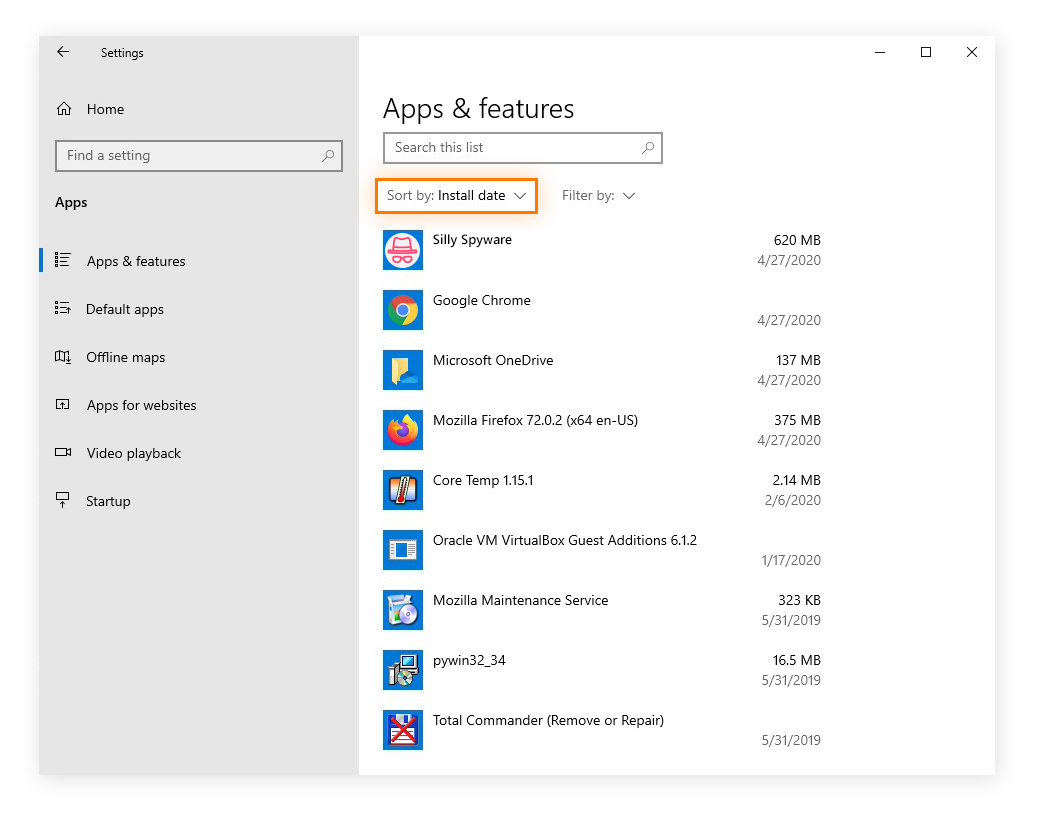 Sorting apps & features by install date in the Apps settings for Windows 10