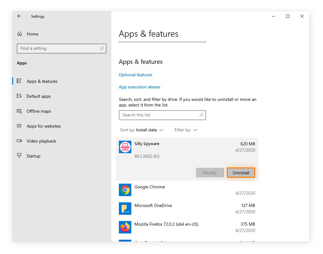 Uninstalling an app from the Apps settings in Windows 10