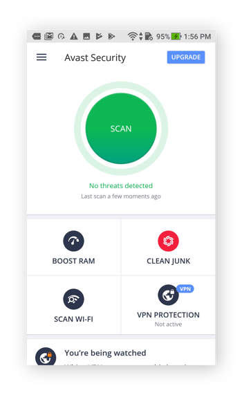 The main menu on Avast Mobile Security for Android, showing the Scan button