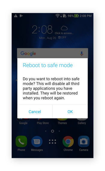 Rebooting to safe mode from the Power menu in Android 7.0