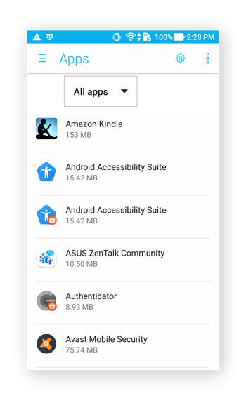 The Apps menu in Android 7.0