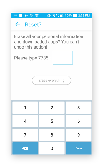 The password confirmation screen to reset a device using Android 7.0