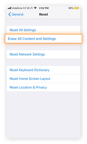 The Reset menu within the General Settings of iOS 12.4