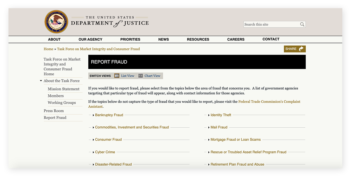 A Página de Denúncia de Fraudes do Departamento de Justiça tem muitas opções de tipos de fraudes a denunciar