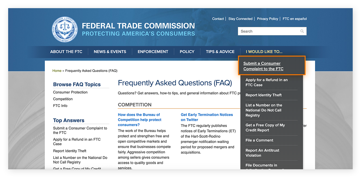 A página Web da Comissão Federal de Comércio com a opção de enviar uma reclamação de consumidor