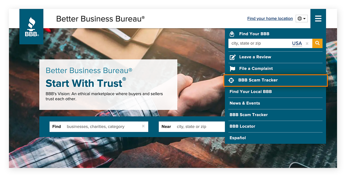 La sección del rastreador de estafas en el sitio web del Better Business Bureau