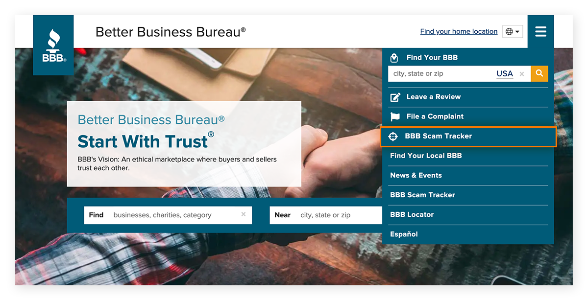 A seção do rastreador de golpes do site do Better Business Bureau