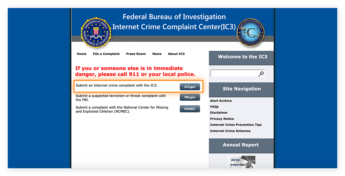 Webpage to file a complaint with the IC3