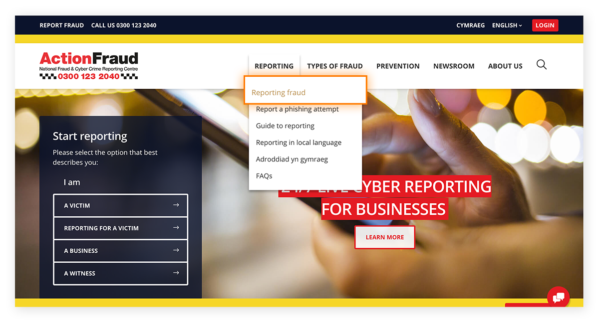 Action Fraud website with an option to report a fraud
