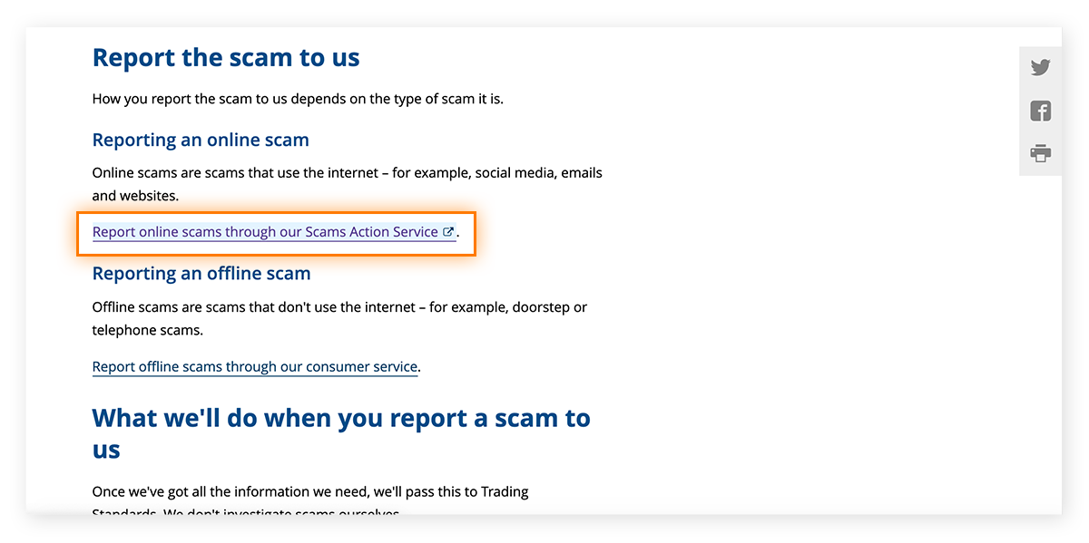 Página Web do Citizens Advice com um link para denunciar online pelo Scams Action Service