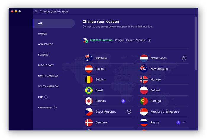 Avast SecureLine VPN permite conectarse de forma segura a Internet desde decenas de ubicaciones distintas de servidores en todo el mundo.
