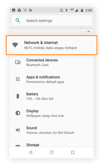 Settings menu with Network and Internet option selected