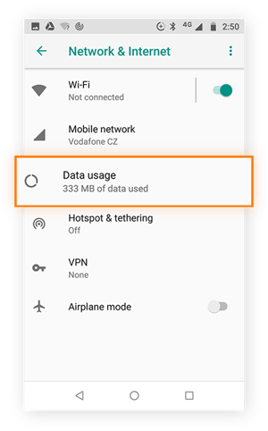 Network and Internet settings menu with Data usage selected.