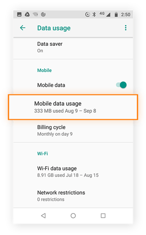 Menú de ajustes Uso de datos con el uso de datos móviles resaltado.