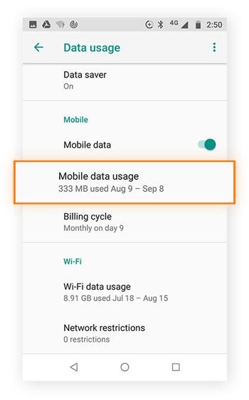 Data usage settings menu with Mobile data usage highlighted.
