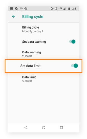 Billing cycle for Data usage screen from within settings, set data limit option is highlighted.