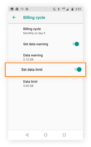 Ciclo de facturación de la pantalla Uso de datos desde los ajustes, con la opción Establecer límite de datos resaltada.