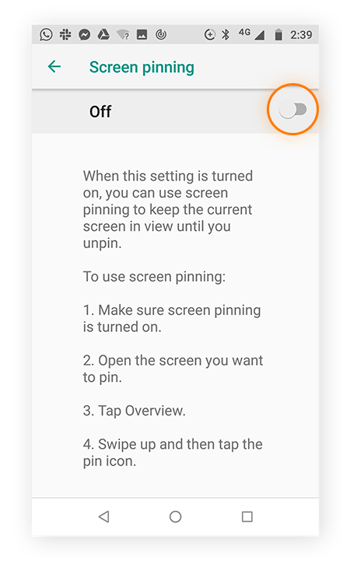 Screen pinning screen from within settings menu. Off/on toggle button is highlighted.