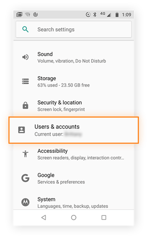 Settings menu with Users and Accounts option highlighted.