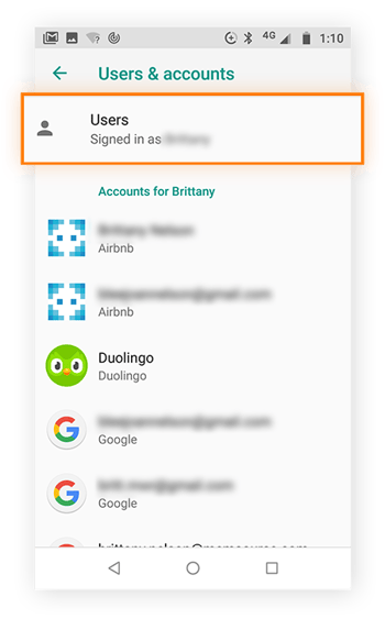 Users and Accounts settings page with Users option highlighted.