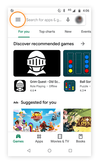 Tela inicial da Google Play Store com o botão de menu realçado.