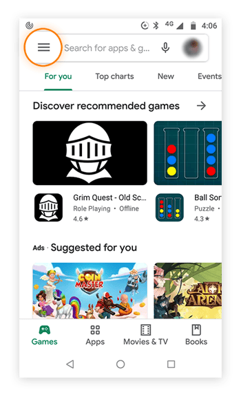 Pantalla de inicio de Google Play con el botón de menú resaltado.