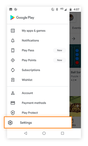 Google Play store menu with Settings option highlighted.
