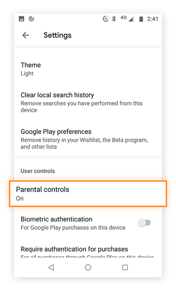 Settings menu for Google Play store with highlight showing that Parental controls are turned on.