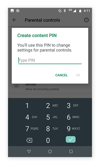Ventana emergente en la que se pide al usuario crear un código PIN para los ajustes de control parental.