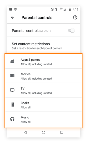 Tela de configurações de controle parental da Google Play Store com opções para alterar as permissões de várias mídias.