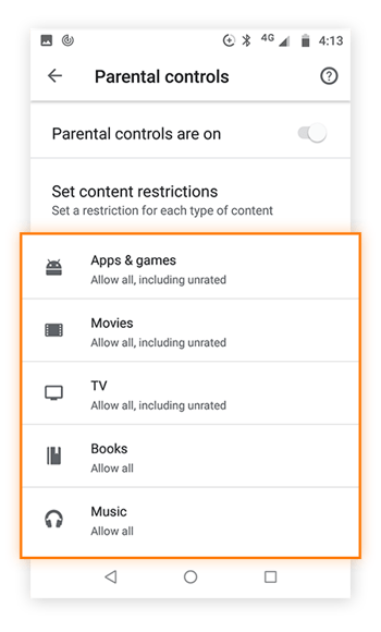 Tela de configurações de controle dos pais da Google Play Store com opções para alterar as permissões de várias mídias.