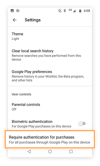 Menú de ajustes de Google Play con la opción Solicitar autenticación para realizar compras resaltada.