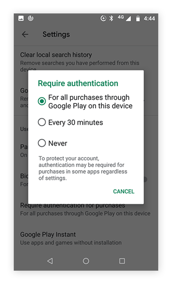 Pop up window of options for requiring authentication in the Google play sore. Require for all purchases is selected.