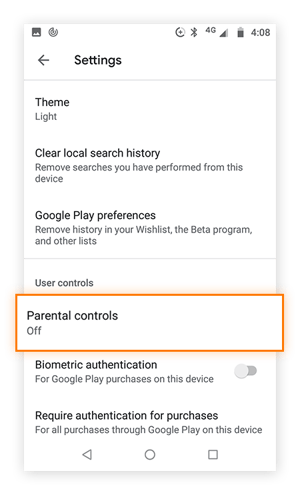 Opções do menu da Google Play Store com a opção Controle Parental definida como Desativada.