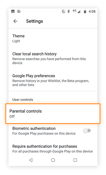 Opções do menu da Google Play Store com a opção Controle Parental definida como Desativada.