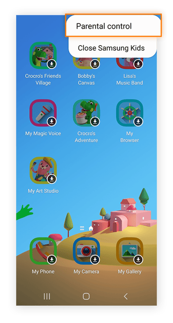 Samsung Kids-Startbildschirm mit ausgewählter Kindersicherungsoption im Menü oben rechts.