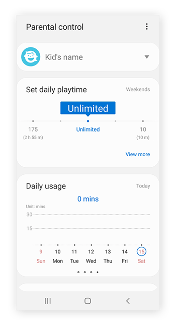 Menú de ajustes de control parental de Samsung Kids.