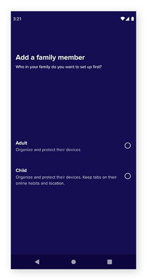 Der Bildschirm „Familienmitglied hinzufügen“ in Avast Family Space.
