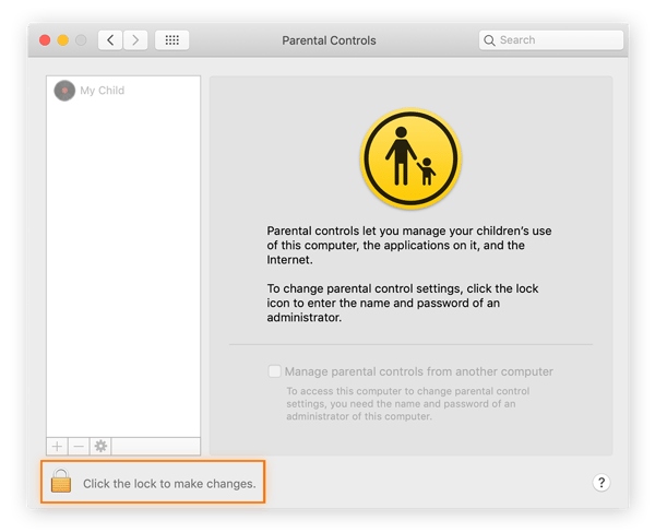 Schritt 3 für die Einrichtung der Kindersicherung auf einem Mac. Entsperren Sie die Kindersicherung durch einen Klick auf das Schlosssymbol.