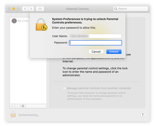 Step 3 for how to set parental controls on Mac. Enter password to access Parental Controls panel, select account.