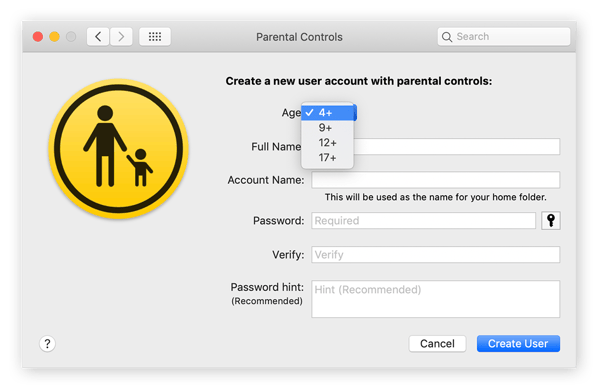 Select the age range for your child and complete the basic form to create a new user account with parental controls.